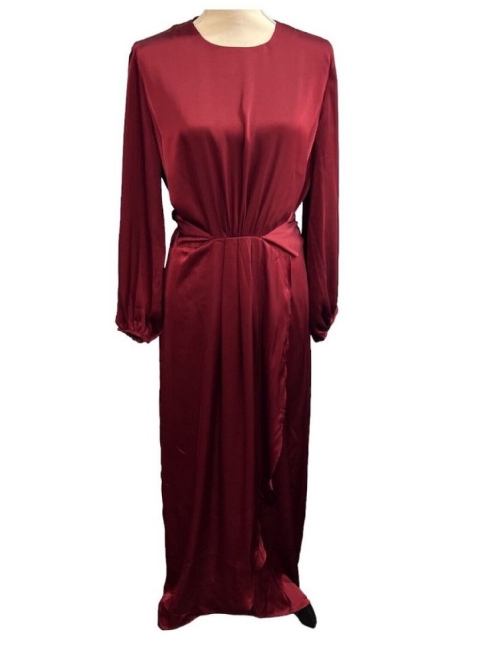 PINUPART Womens L Elegant Empire Waist Long Sleeve Satin Maxi Dress Burgundy